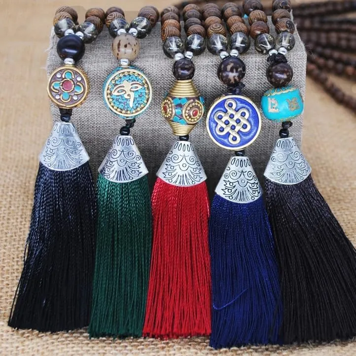 Handmade Vintage Talisman Ethnic Nepal Tribal Necklace Buddhist Mala Wood Beaded Yoga Long Tassel Sweater Necklace for Women