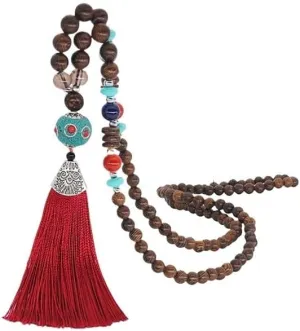 Handmade Vintage Talisman Ethnic Nepal Tribal Necklace Buddhist Mala Wood Beaded Yoga Long Tassel Sweater Necklace for Women