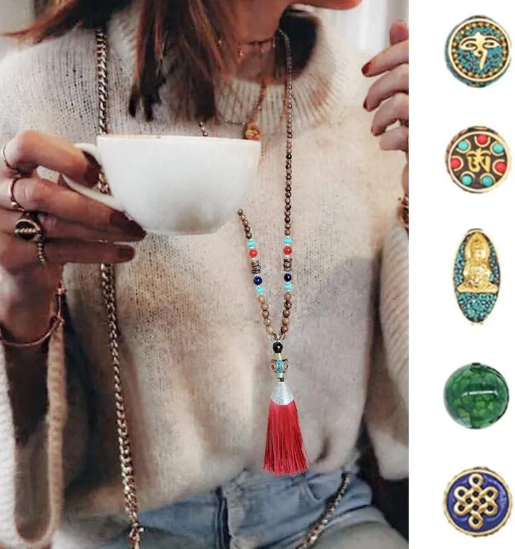 Handmade Vintage Talisman Ethnic Nepal Tribal Necklace Buddhist Mala Wood Beaded Yoga Long Tassel Sweater Necklace for Women