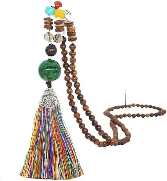 Handmade Vintage Talisman Ethnic Nepal Tribal Necklace Buddhist Mala Wood Beaded Yoga Long Tassel Sweater Necklace for Women