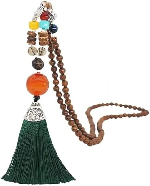 Handmade Vintage Talisman Ethnic Nepal Tribal Necklace Buddhist Mala Wood Beaded Yoga Long Tassel Sweater Necklace for Women