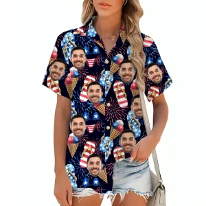 Happy Independence Day Women's Loose Hawaiian Shirts Women's Summer Short Sleeve Tops Casual Cover Ups