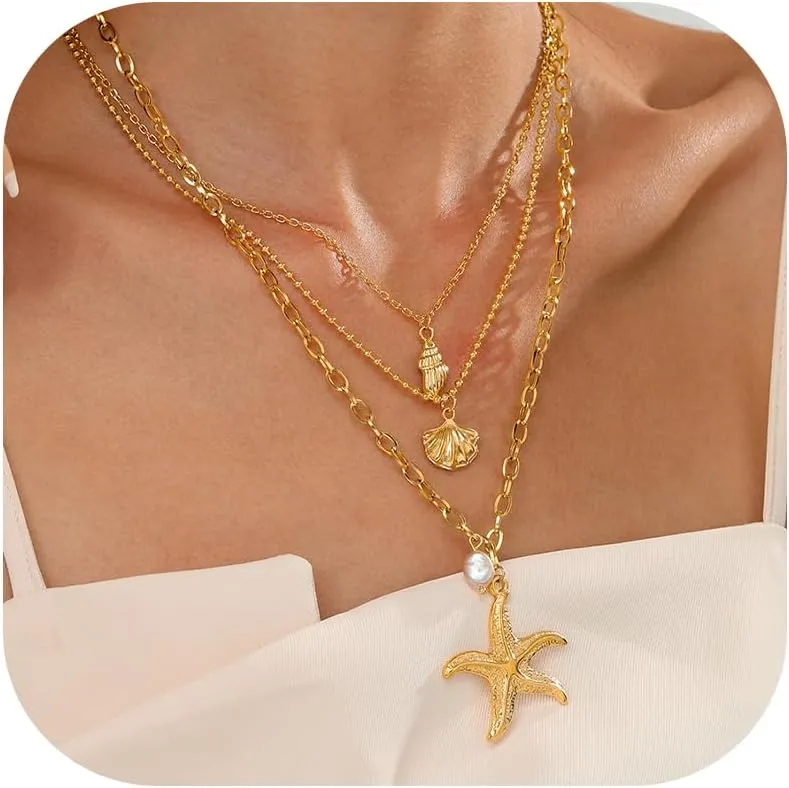 Hclian Shell Starfish Necklace Layered Gold Necklaces for Women Conch Chunky Necklace Beach Jewelry for Women