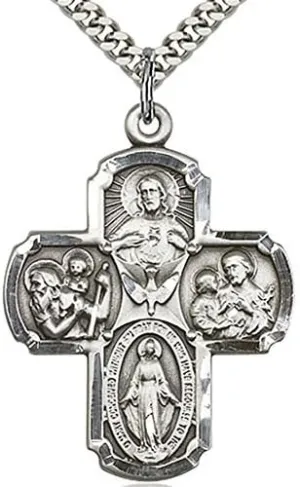 Heartland Men's Catholic 4 Way Cross Sterling Silver Medal Necklace- Handcrafted in USA, Tarnish Resistant, Religious Pendant, Ideal Present for Special Occasions- 27 inch Rhodium-Plated Curb Chain