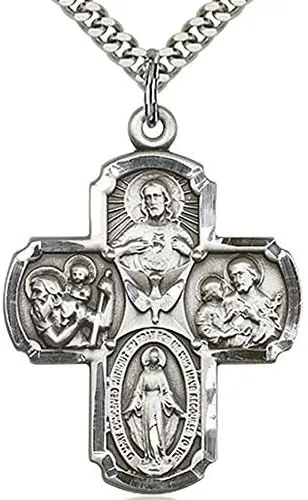 Heartland Men's Catholic 4 Way Cross Sterling Silver Medal Necklace- Handcrafted in USA, Tarnish Resistant, Religious Pendant, Ideal Present for Special Occasions- 27 inch Rhodium-Plated Curb Chain