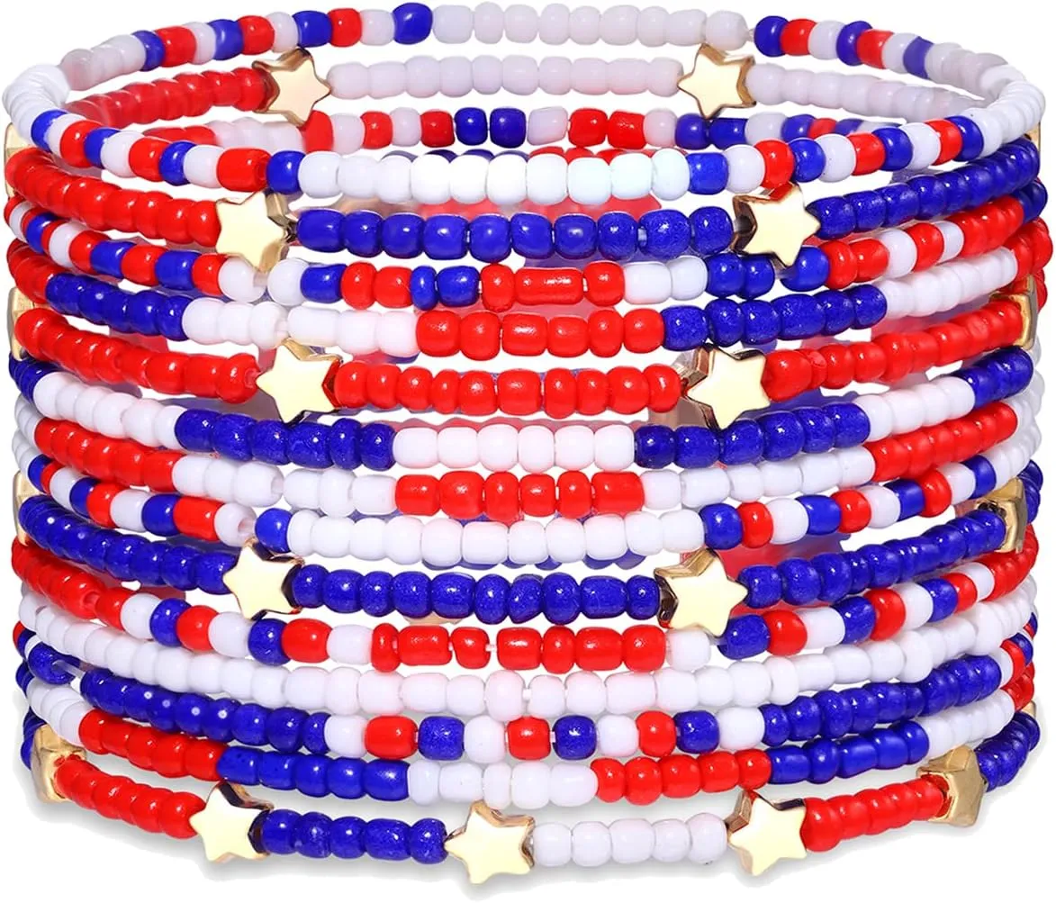HEIDKRUEGER Bead Stretch Bracelets Independence Colorful Tiny Beaded Stackable Vsco Bracelets Boho Summer Vacation Adjustable Bangle Bracelet for Women Girls 14Pcs