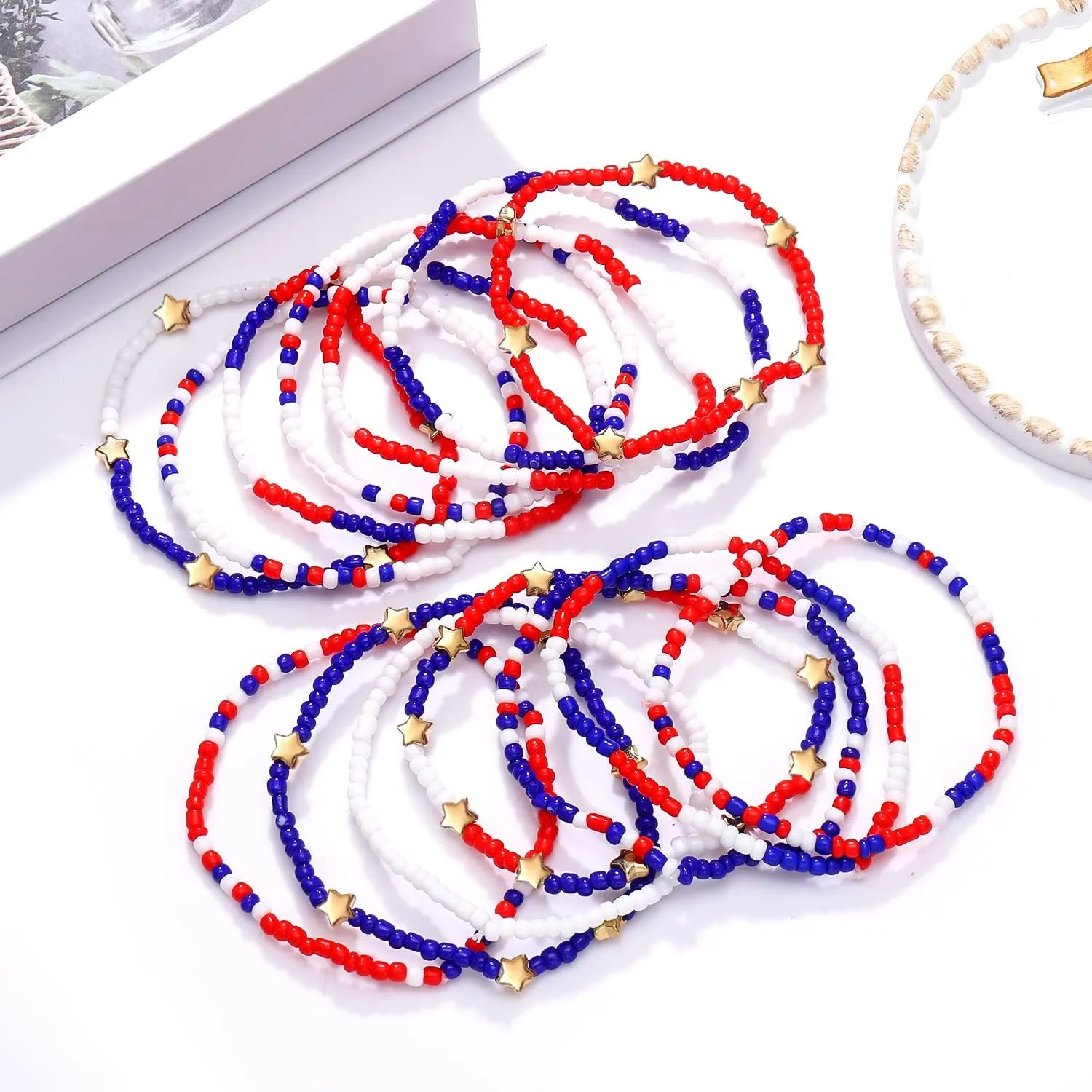 HEIDKRUEGER Bead Stretch Bracelets Independence Colorful Tiny Beaded Stackable Vsco Bracelets Boho Summer Vacation Adjustable Bangle Bracelet for Women Girls 14Pcs