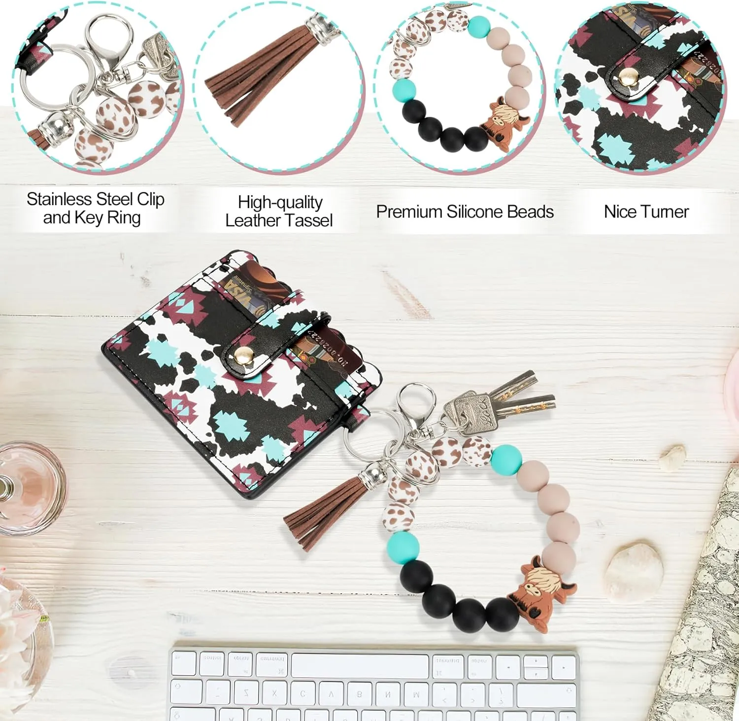 Highland Cow Wristlet Bracelet Keychain with Wallet Card Holder - Silicone Beaded Keyring Purse for Women Girls