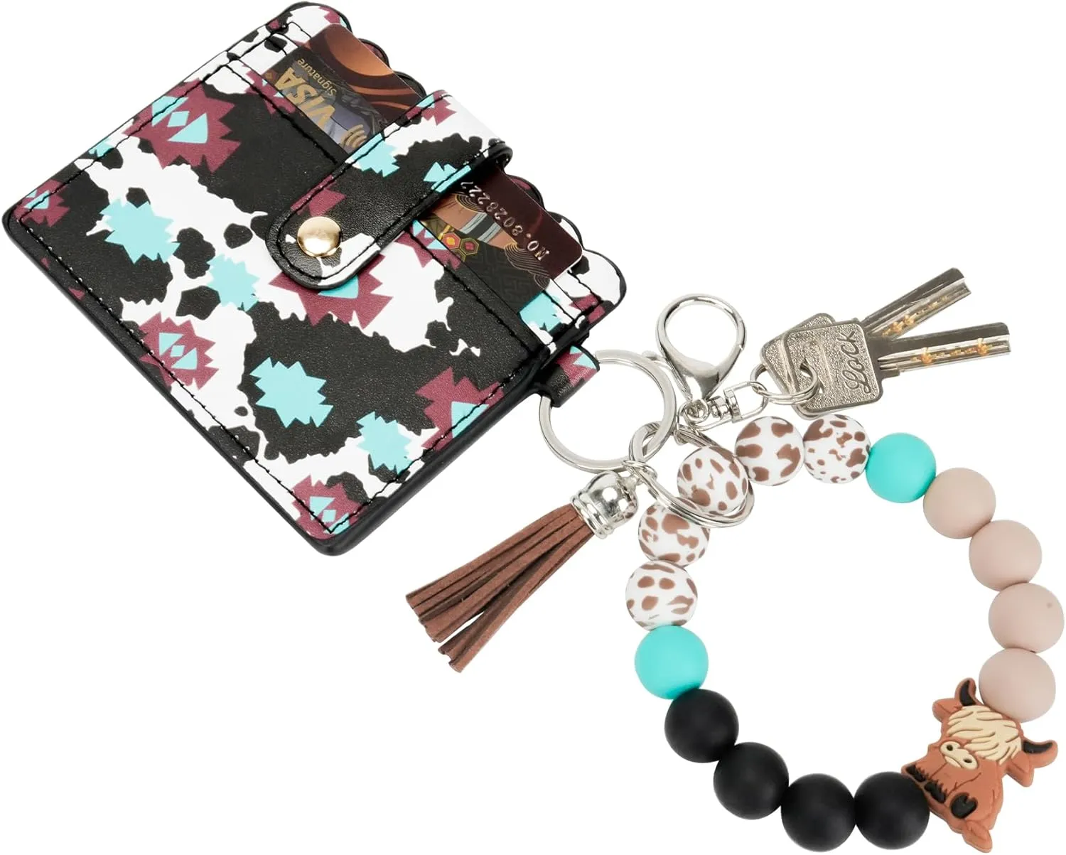 Highland Cow Wristlet Bracelet Keychain with Wallet Card Holder - Silicone Beaded Keyring Purse for Women Girls