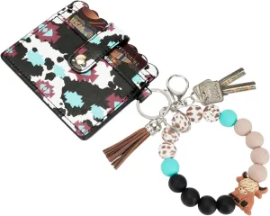 Highland Cow Wristlet Bracelet Keychain with Wallet Card Holder - Silicone Beaded Keyring Purse for Women Girls