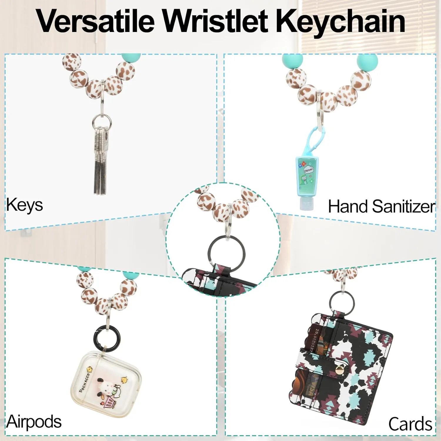 Highland Cow Wristlet Bracelet Keychain with Wallet Card Holder - Silicone Beaded Keyring Purse for Women Girls
