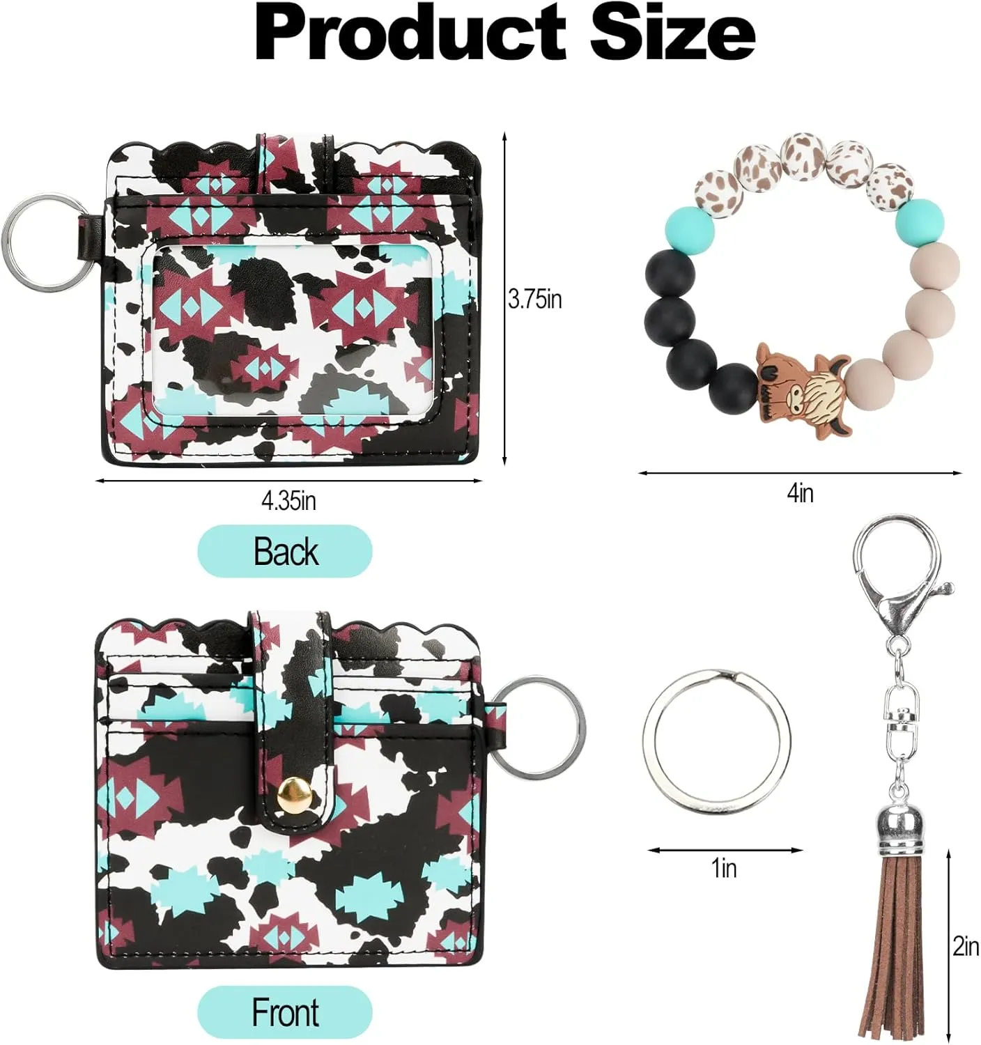 Highland Cow Wristlet Bracelet Keychain with Wallet Card Holder - Silicone Beaded Keyring Purse for Women Girls