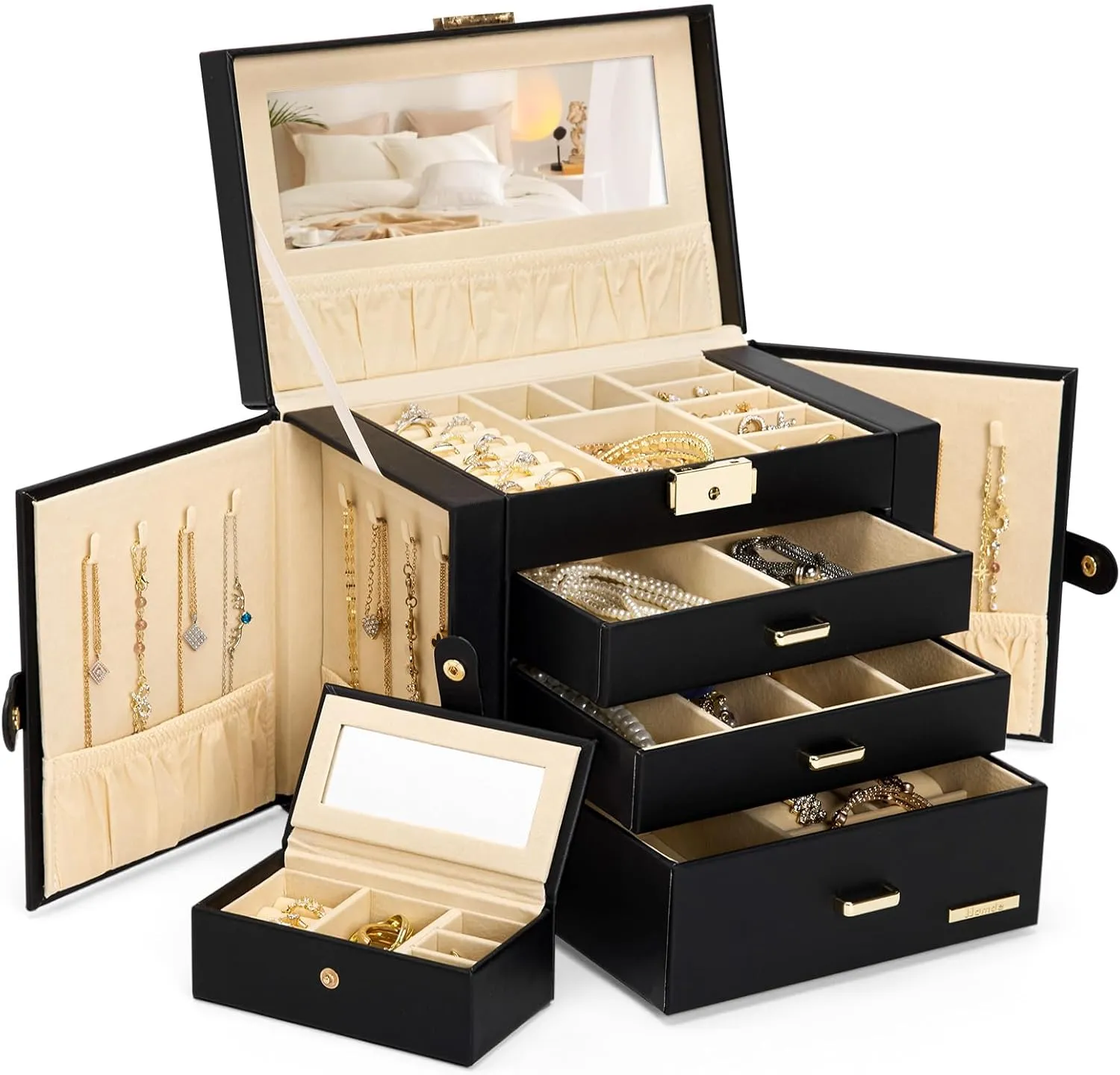 Homde 2 IN 1 Jewelry Box for Women Girls with Small Travel Case Mirror Necklace Ring Earrings Organizer (Black   Gold)