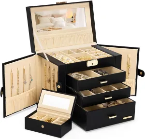 Homde 2 IN 1 Jewelry Box for Women Girls with Small Travel Case Mirror Necklace Ring Earrings Organizer (Black   Gold)