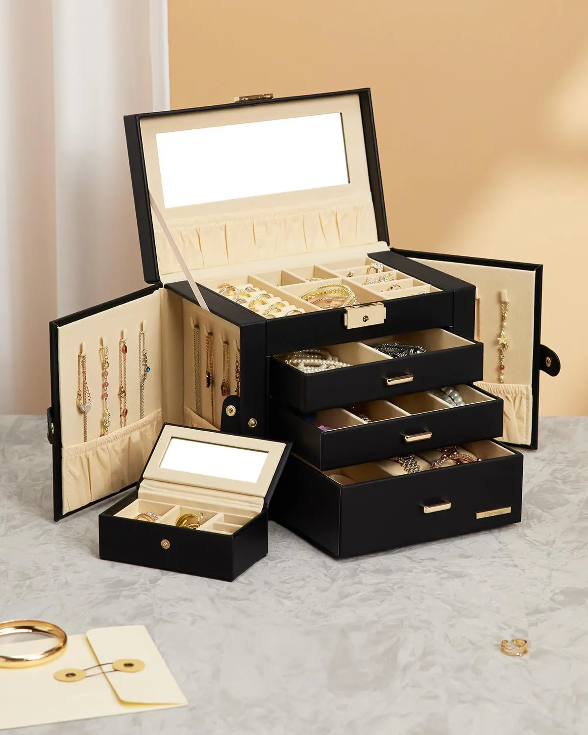 Homde 2 IN 1 Jewelry Box for Women Girls with Small Travel Case Mirror Necklace Ring Earrings Organizer (Black   Gold)