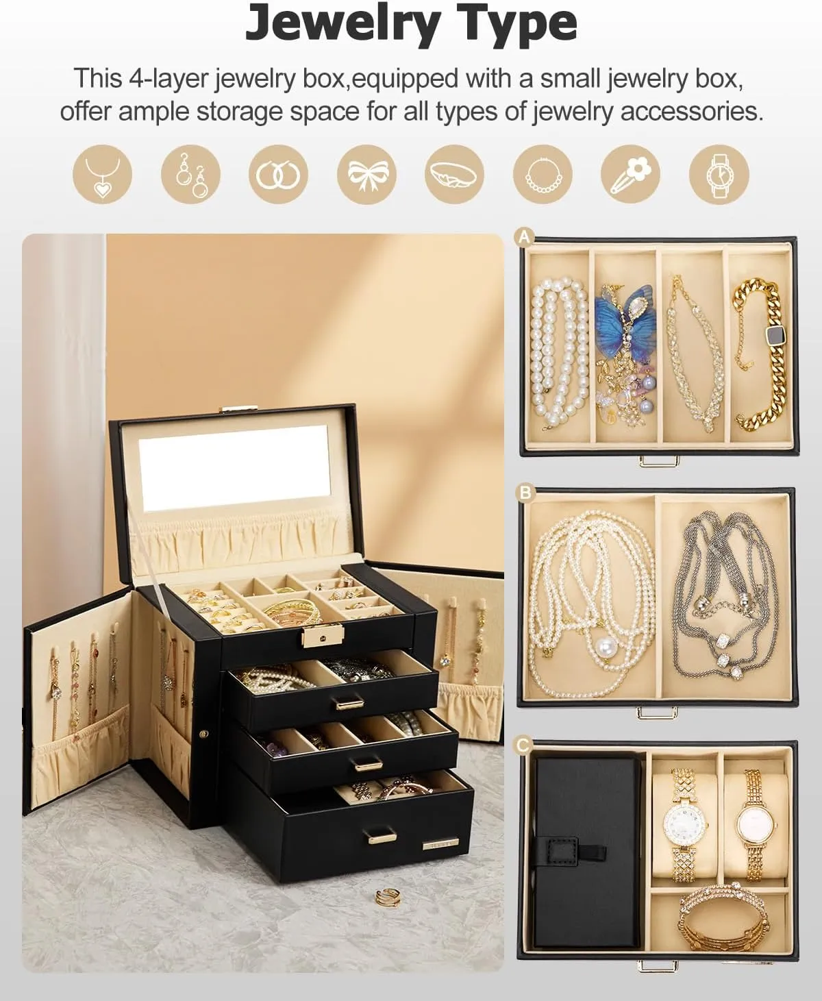 Homde 2 IN 1 Jewelry Box for Women Girls with Small Travel Case Mirror Necklace Ring Earrings Organizer (Black   Gold)