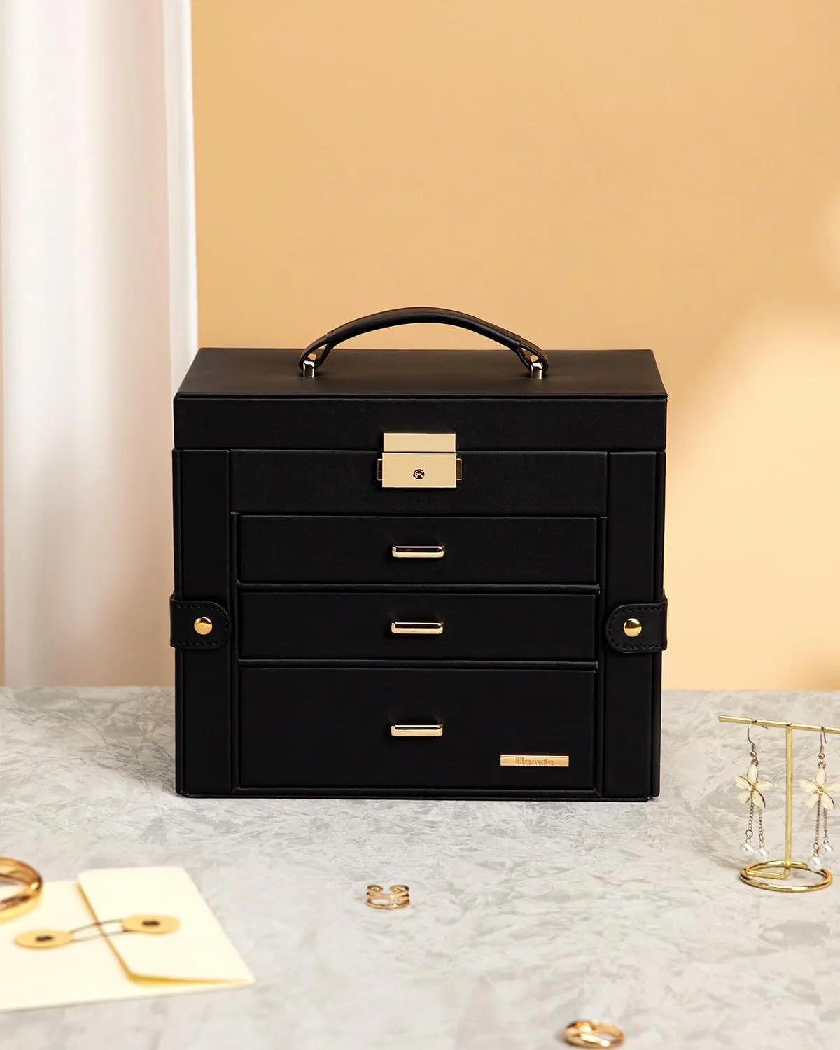 Homde 2 IN 1 Jewelry Box for Women Girls with Small Travel Case Mirror Necklace Ring Earrings Organizer (Black   Gold)