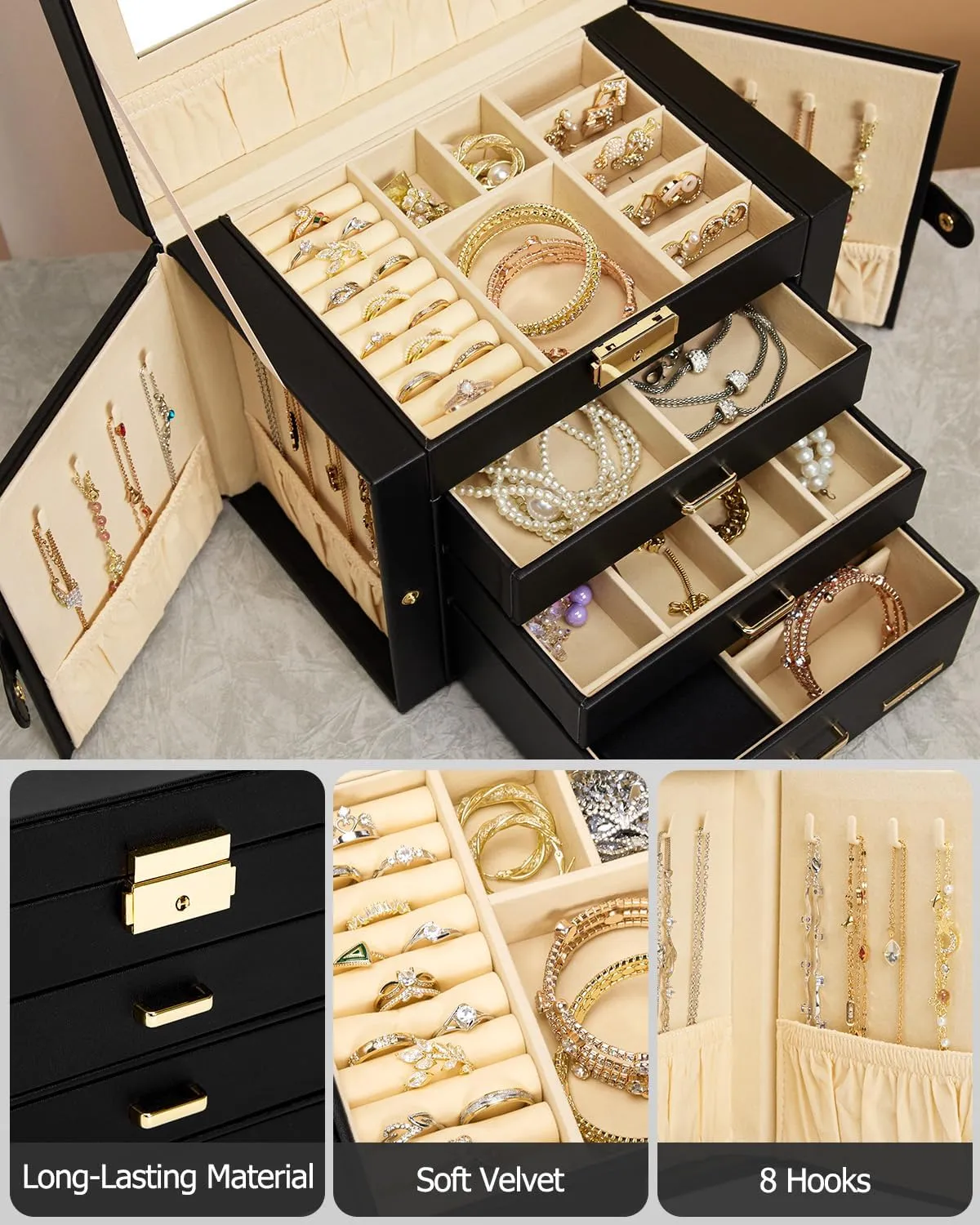Homde 2 IN 1 Jewelry Box for Women Girls with Small Travel Case Mirror Necklace Ring Earrings Organizer (Black   Gold)