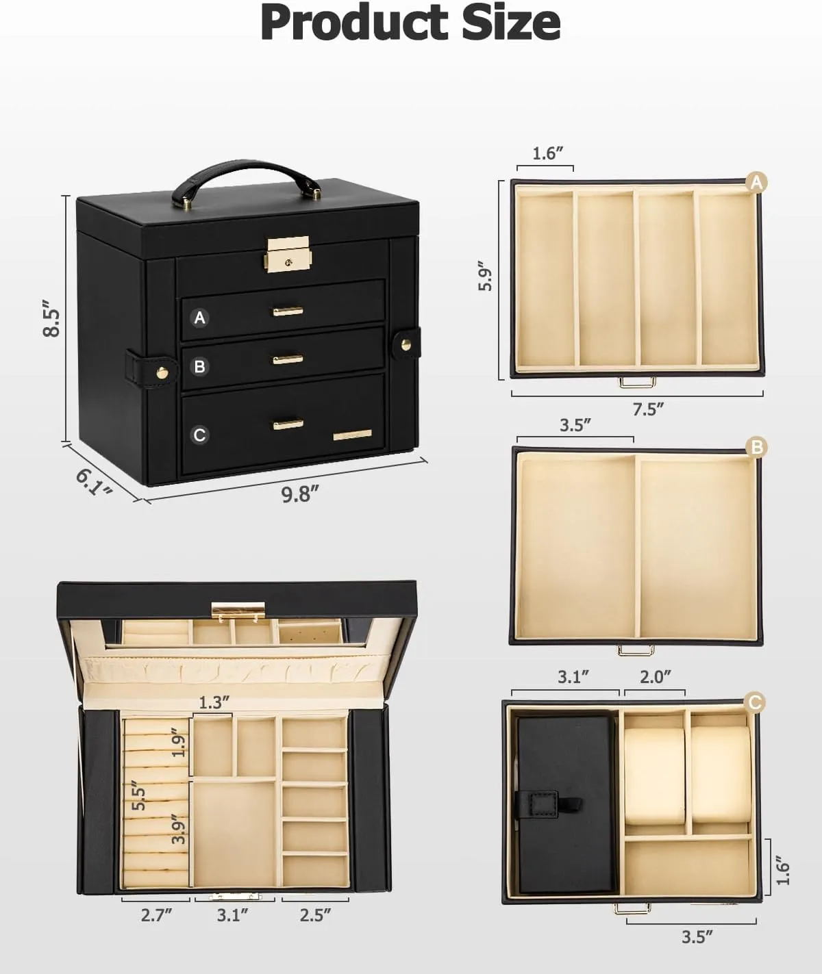 Homde 2 IN 1 Jewelry Box for Women Girls with Small Travel Case Mirror Necklace Ring Earrings Organizer (Black   Gold)