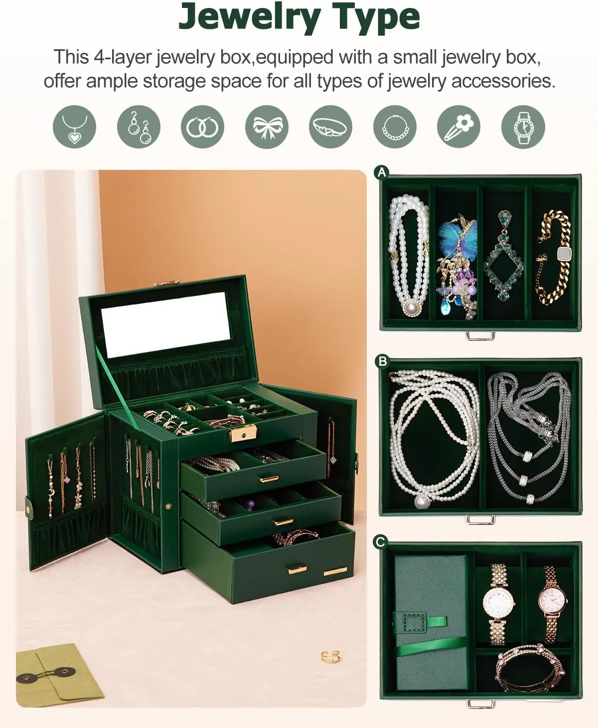 Homde 2 IN 1 Jewelry Box for Women Girls with Small Travel Case Mirror Necklace Ring Earrings Organizer (Forest Green   Gold)
