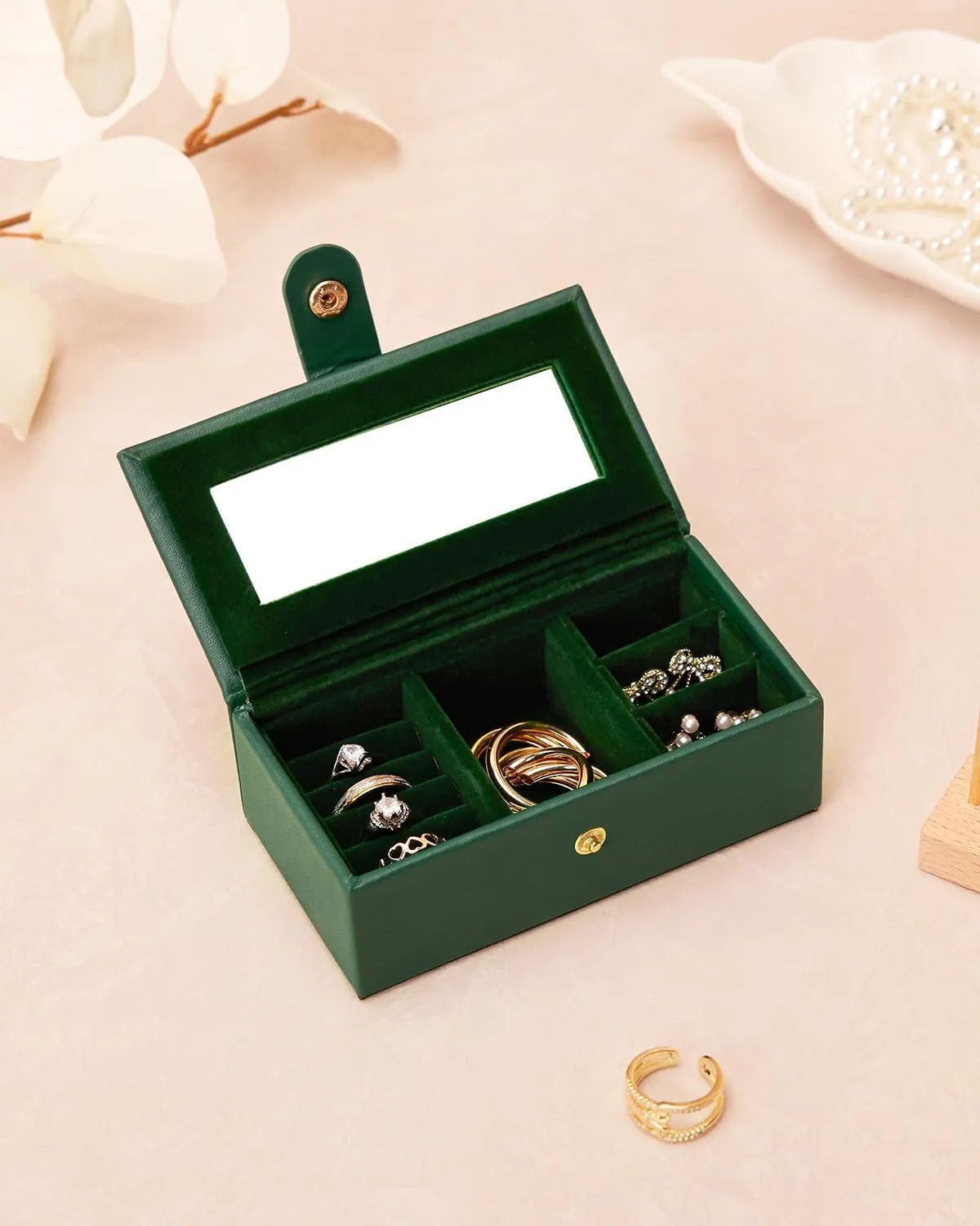 Homde 2 IN 1 Jewelry Box for Women Girls with Small Travel Case Mirror Necklace Ring Earrings Organizer (Forest Green   Gold)