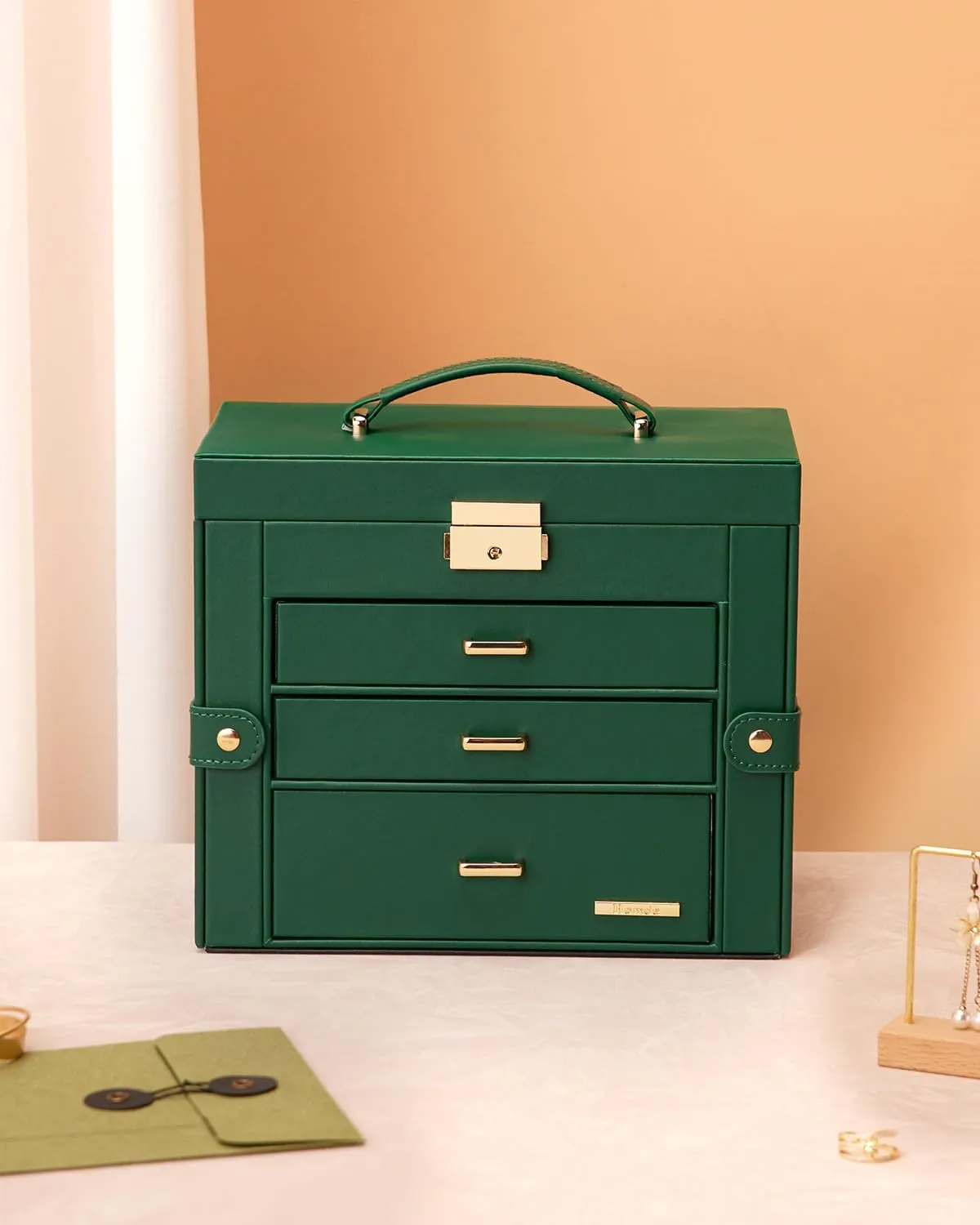 Homde 2 IN 1 Jewelry Box for Women Girls with Small Travel Case Mirror Necklace Ring Earrings Organizer (Forest Green   Gold)