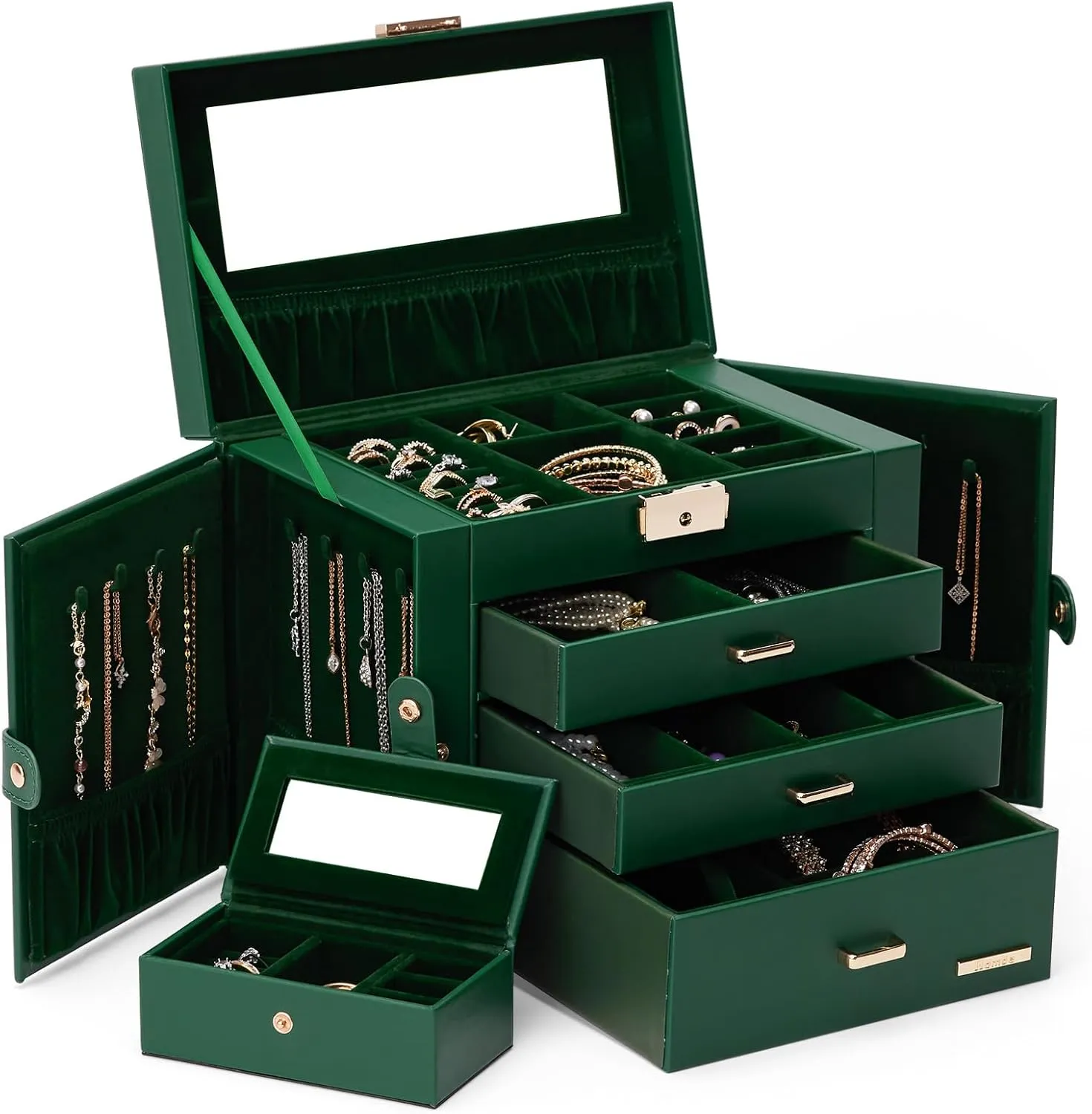 Homde 2 IN 1 Jewelry Box for Women Girls with Small Travel Case Mirror Necklace Ring Earrings Organizer (Forest Green   Gold)
