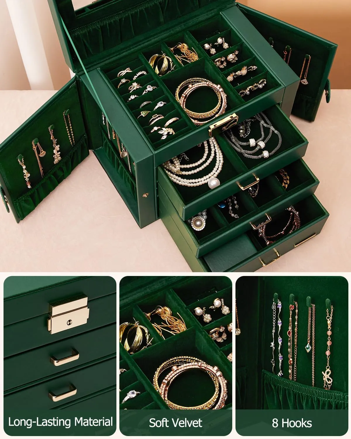 Homde 2 IN 1 Jewelry Box for Women Girls with Small Travel Case Mirror Necklace Ring Earrings Organizer (Forest Green   Gold)