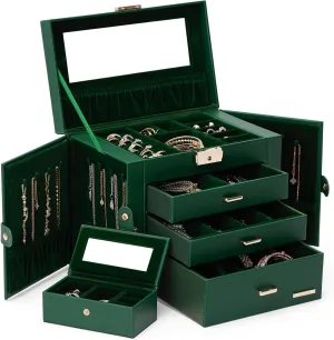 Homde 2 IN 1 Jewelry Box for Women Girls with Small Travel Case Mirror Necklace Ring Earrings Organizer (Forest Green   Gold)