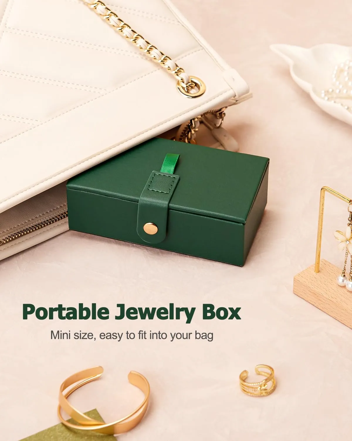 Homde 2 IN 1 Jewelry Box for Women Girls with Small Travel Case Mirror Necklace Ring Earrings Organizer (Forest Green   Gold)