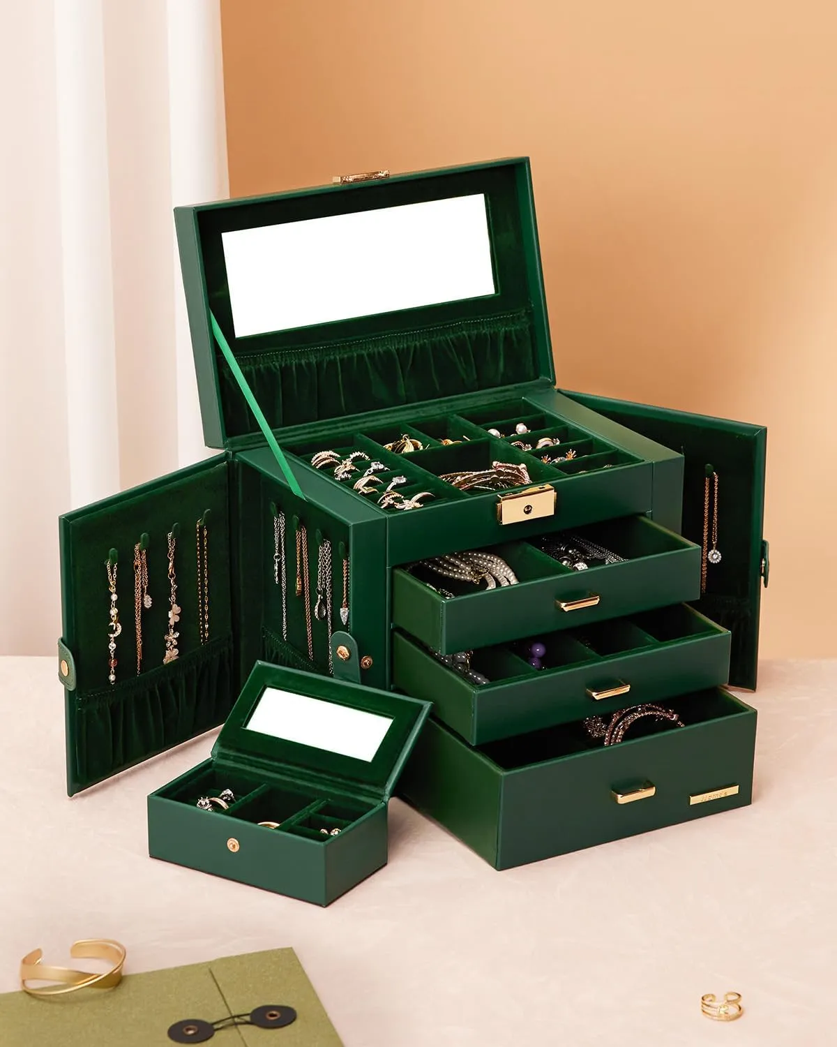 Homde 2 IN 1 Jewelry Box for Women Girls with Small Travel Case Mirror Necklace Ring Earrings Organizer (Forest Green   Gold)