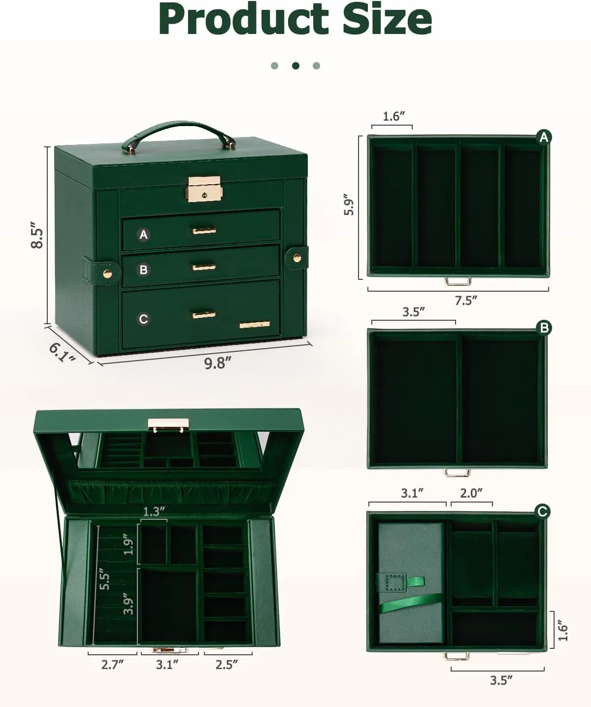Homde 2 IN 1 Jewelry Box for Women Girls with Small Travel Case Mirror Necklace Ring Earrings Organizer (Forest Green   Gold)