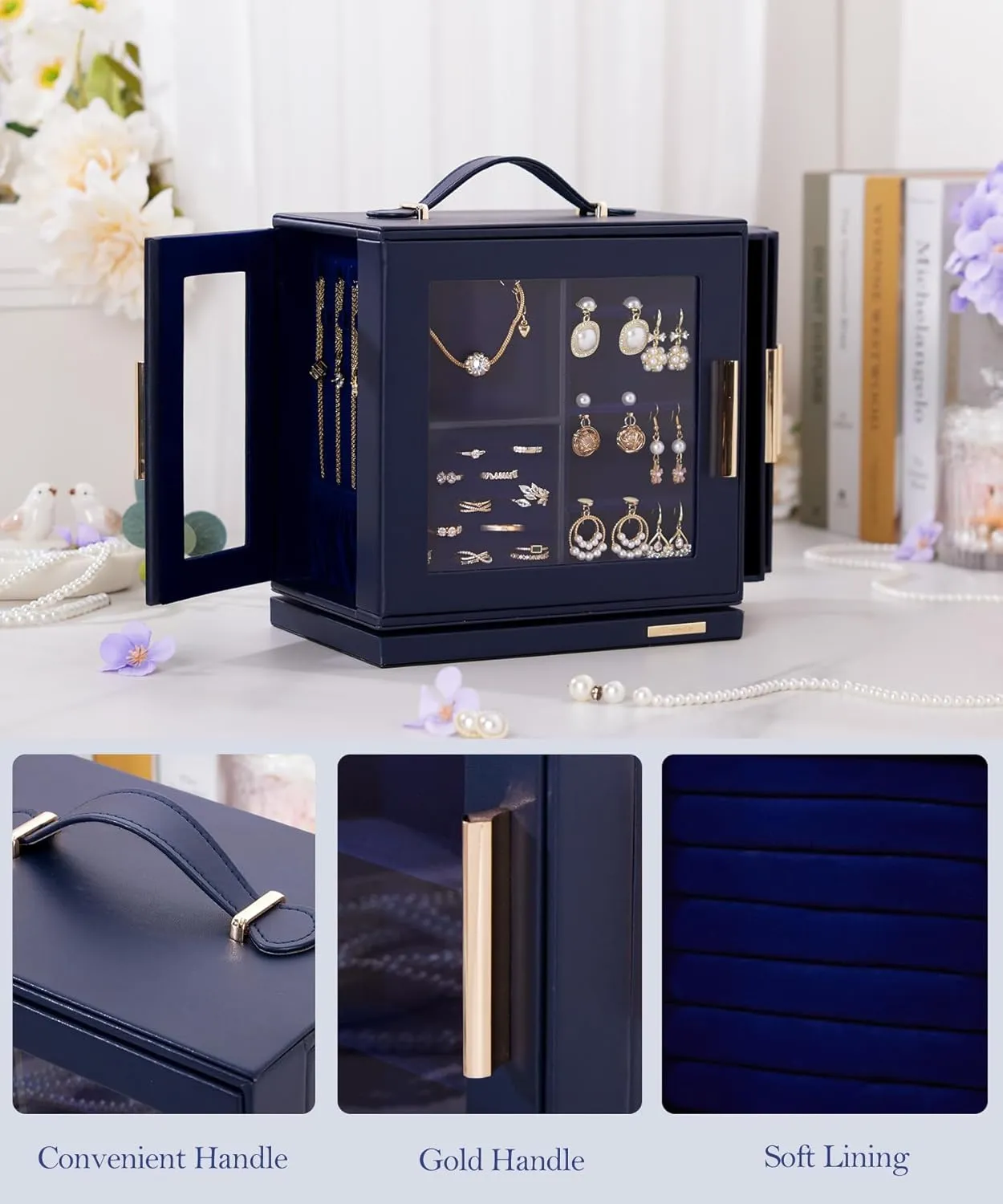 Homde Jewelry Box 360 Rotating, Necklace Earring Organizer with Transparent Window, Mirror, 7 Drawers, Large Ring Display Storage Case for Girls Women (Dark Blue)