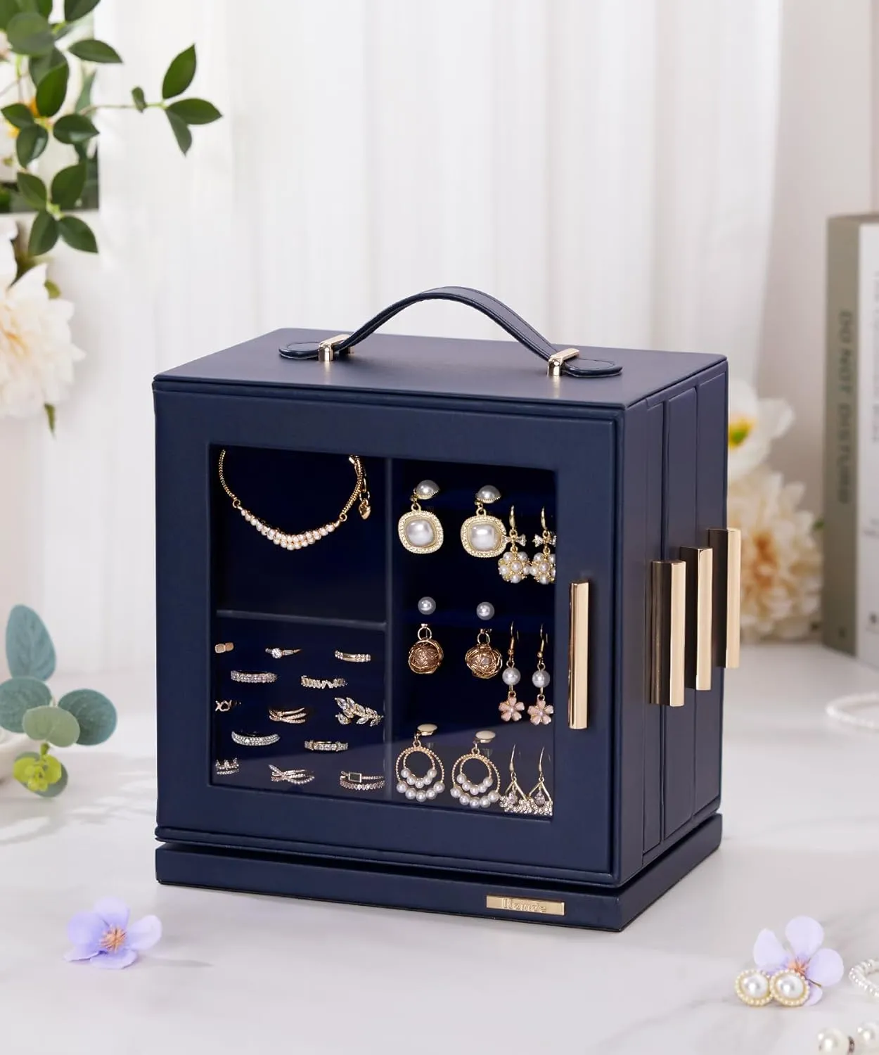 Homde Jewelry Box 360 Rotating, Necklace Earring Organizer with Transparent Window, Mirror, 7 Drawers, Large Ring Display Storage Case for Girls Women (Dark Blue)