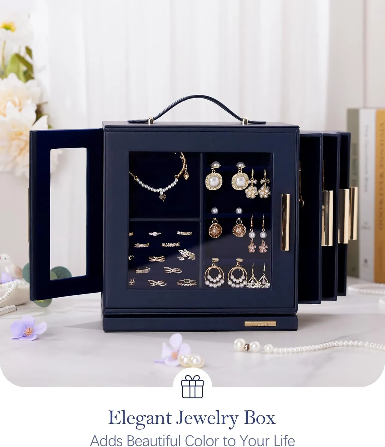 Homde Jewelry Box 360 Rotating, Necklace Earring Organizer with Transparent Window, Mirror, 7 Drawers, Large Ring Display Storage Case for Girls Women (Dark Blue)