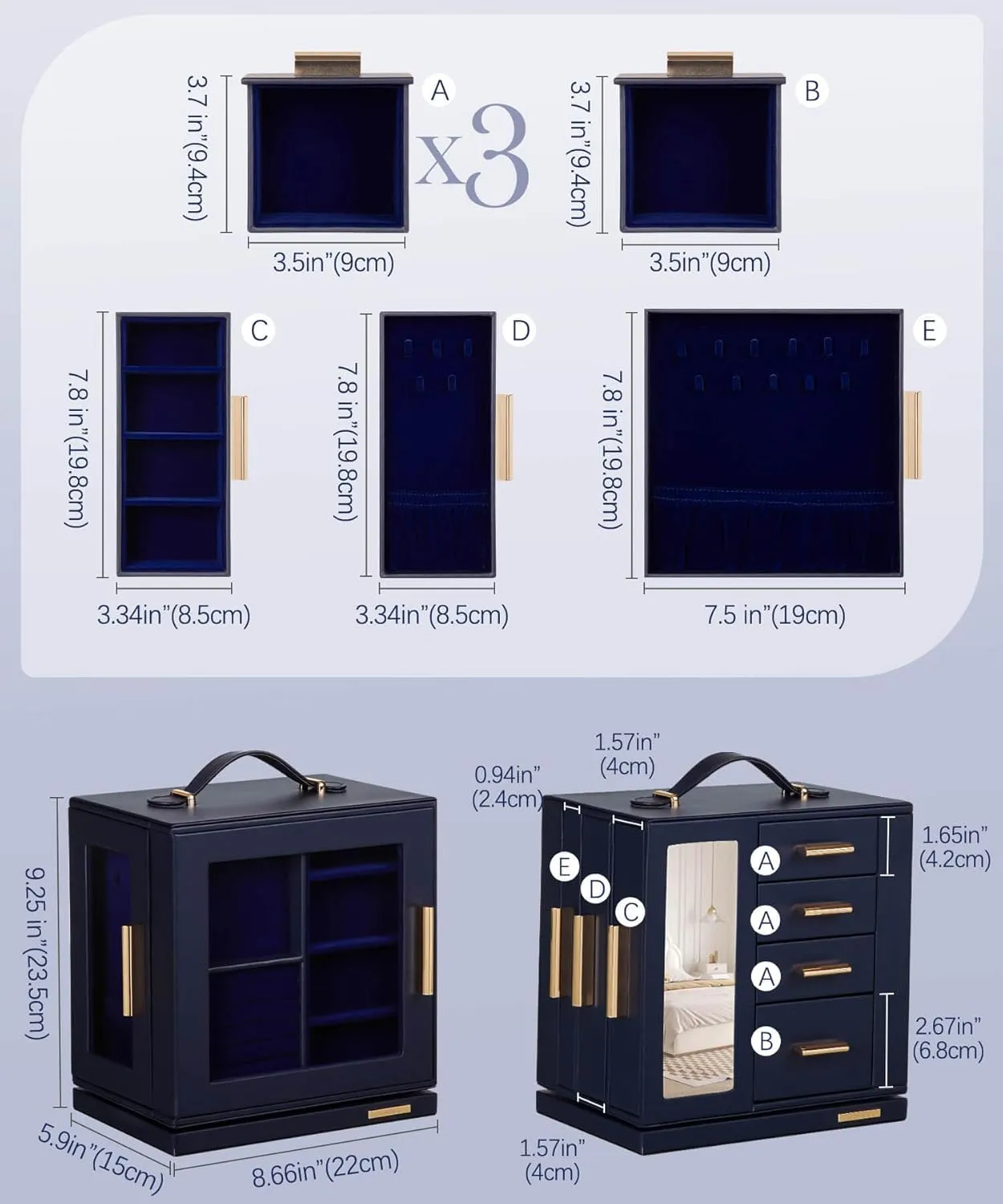 Homde Jewelry Box 360 Rotating, Necklace Earring Organizer with Transparent Window, Mirror, 7 Drawers, Large Ring Display Storage Case for Girls Women (Dark Blue)