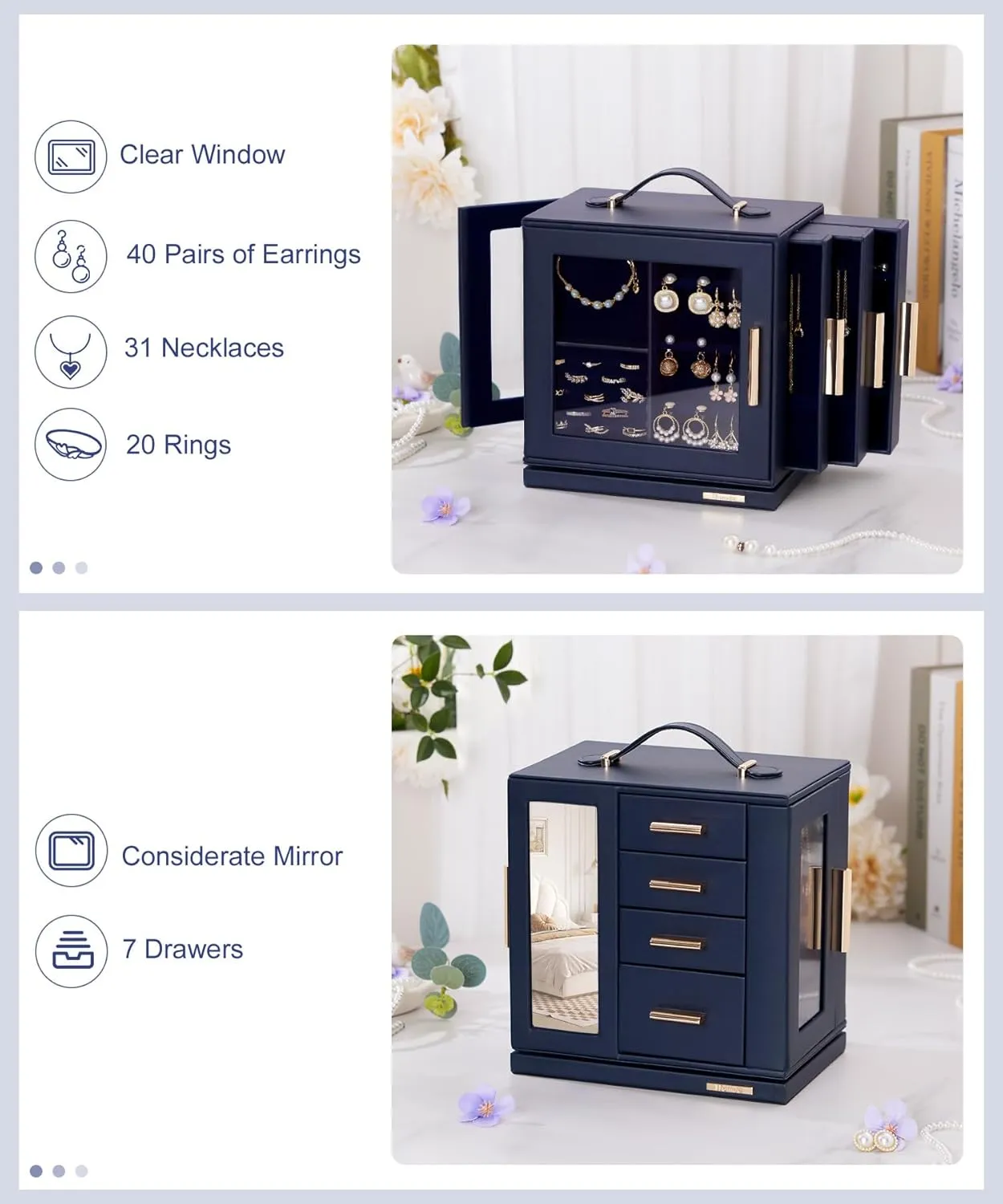 Homde Jewelry Box 360 Rotating, Necklace Earring Organizer with Transparent Window, Mirror, 7 Drawers, Large Ring Display Storage Case for Girls Women (Dark Blue)