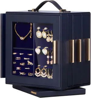 Homde Jewelry Box 360 Rotating, Necklace Earring Organizer with Transparent Window, Mirror, 7 Drawers, Large Ring Display Storage Case for Girls Women (Dark Blue)