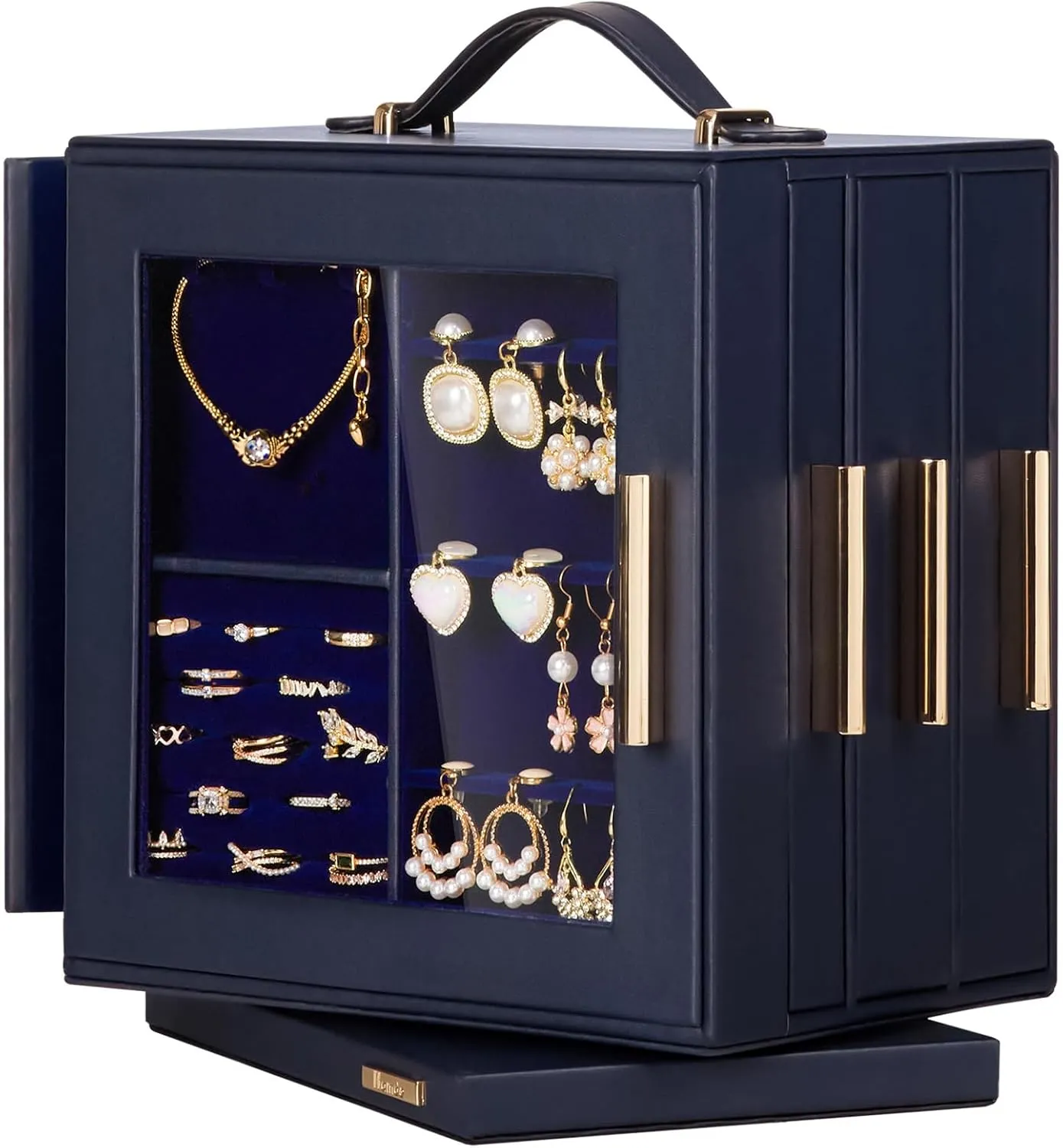Homde Jewelry Box 360 Rotating, Necklace Earring Organizer with Transparent Window, Mirror, 7 Drawers, Large Ring Display Storage Case for Girls Women (Dark Blue)