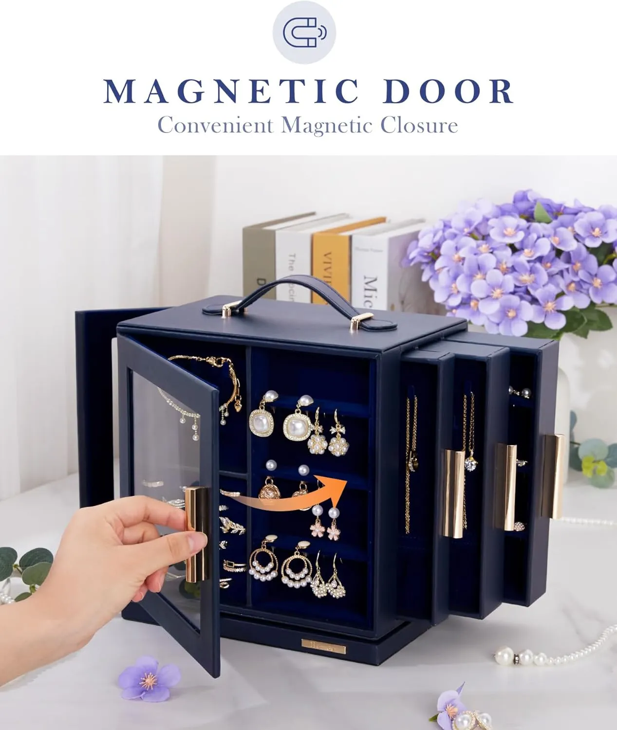 Homde Jewelry Box 360 Rotating, Necklace Earring Organizer with Transparent Window, Mirror, 7 Drawers, Large Ring Display Storage Case for Girls Women (Dark Blue)