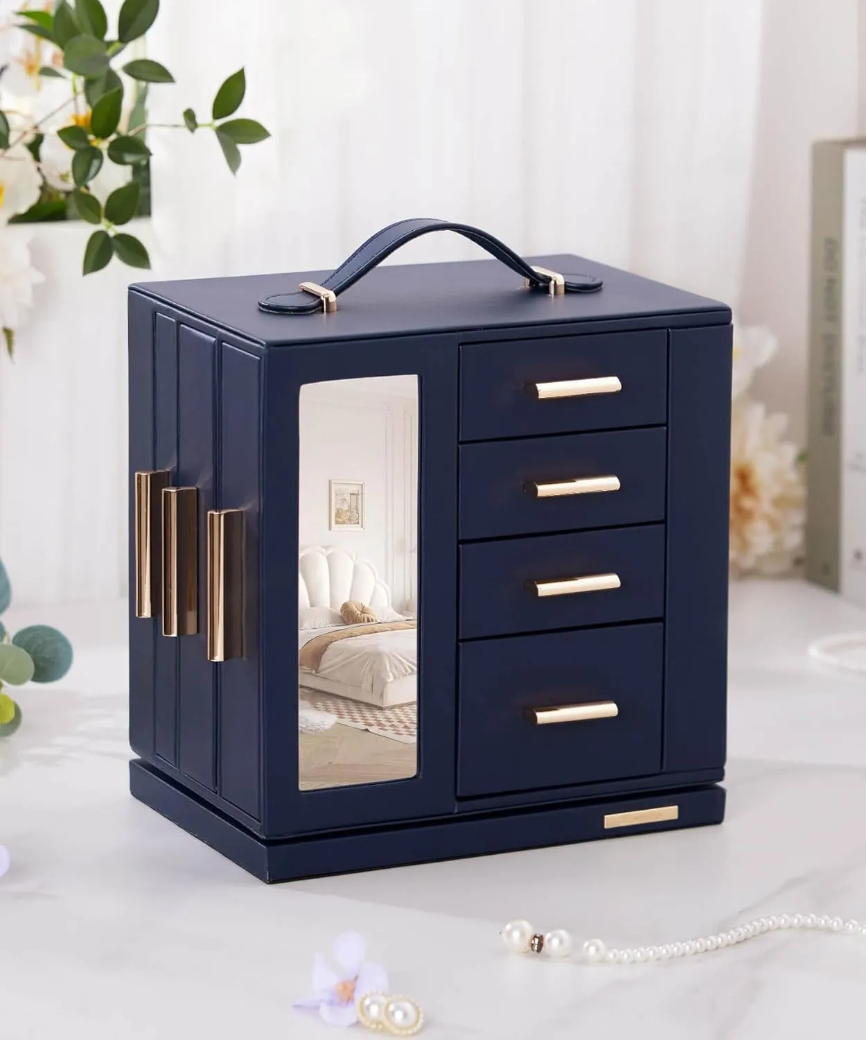 Homde Jewelry Box 360 Rotating, Necklace Earring Organizer with Transparent Window, Mirror, 7 Drawers, Large Ring Display Storage Case for Girls Women (Dark Blue)