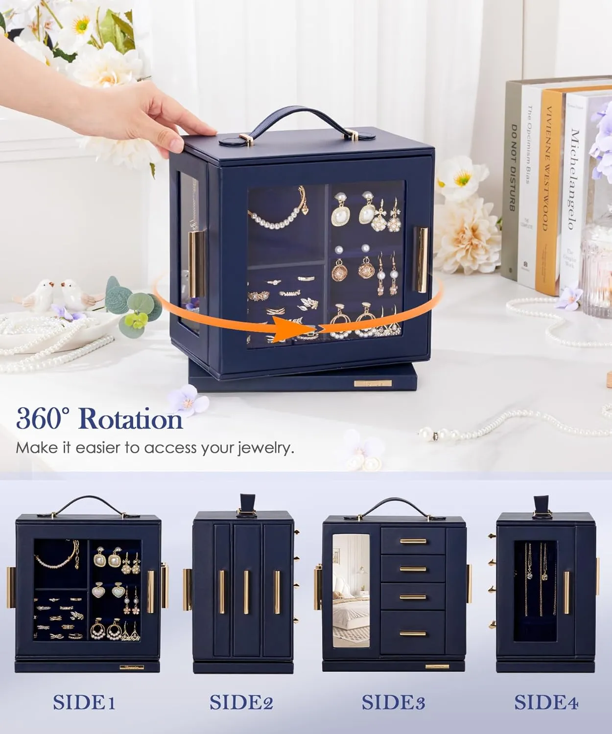 Homde Jewelry Box 360 Rotating, Necklace Earring Organizer with Transparent Window, Mirror, 7 Drawers, Large Ring Display Storage Case for Girls Women (Dark Blue)