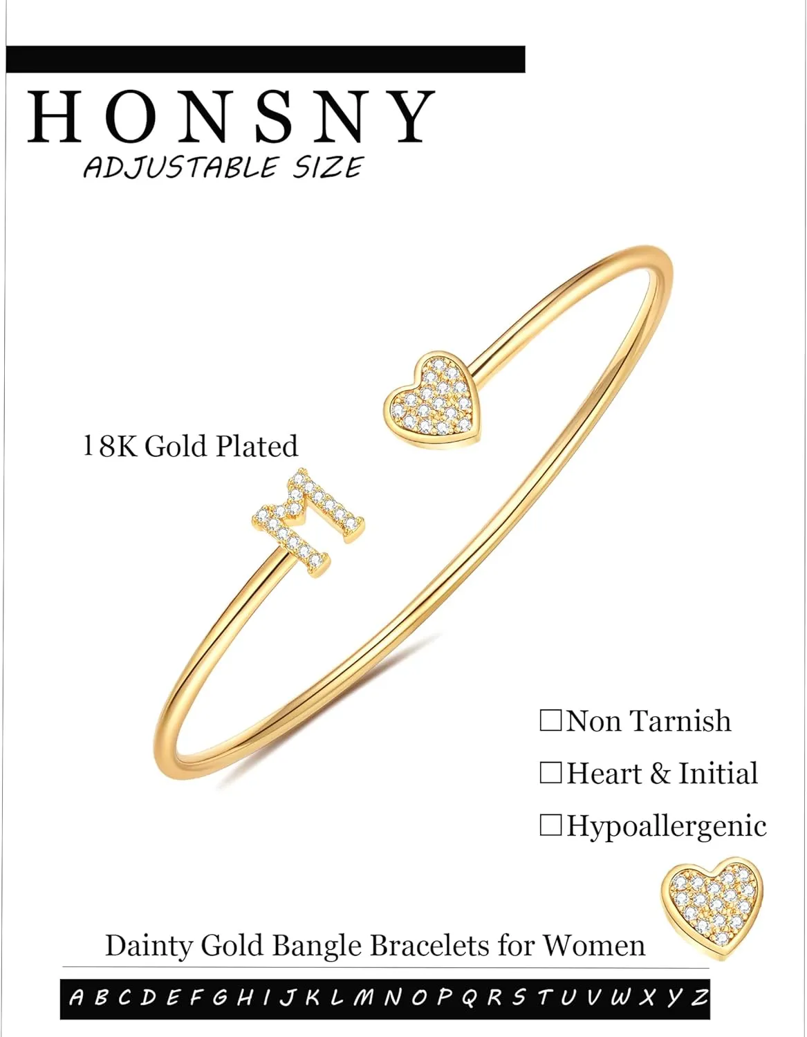 Honsny Gold Initial Bracelets for Women 18K Gold Plated Initial Heart Cuff Bangle Bracelets for Women Non Tarnish Dainty Cute Gold Initial Bracelets for Women Teen Bridesmaid Trendy Gifts Jewelry