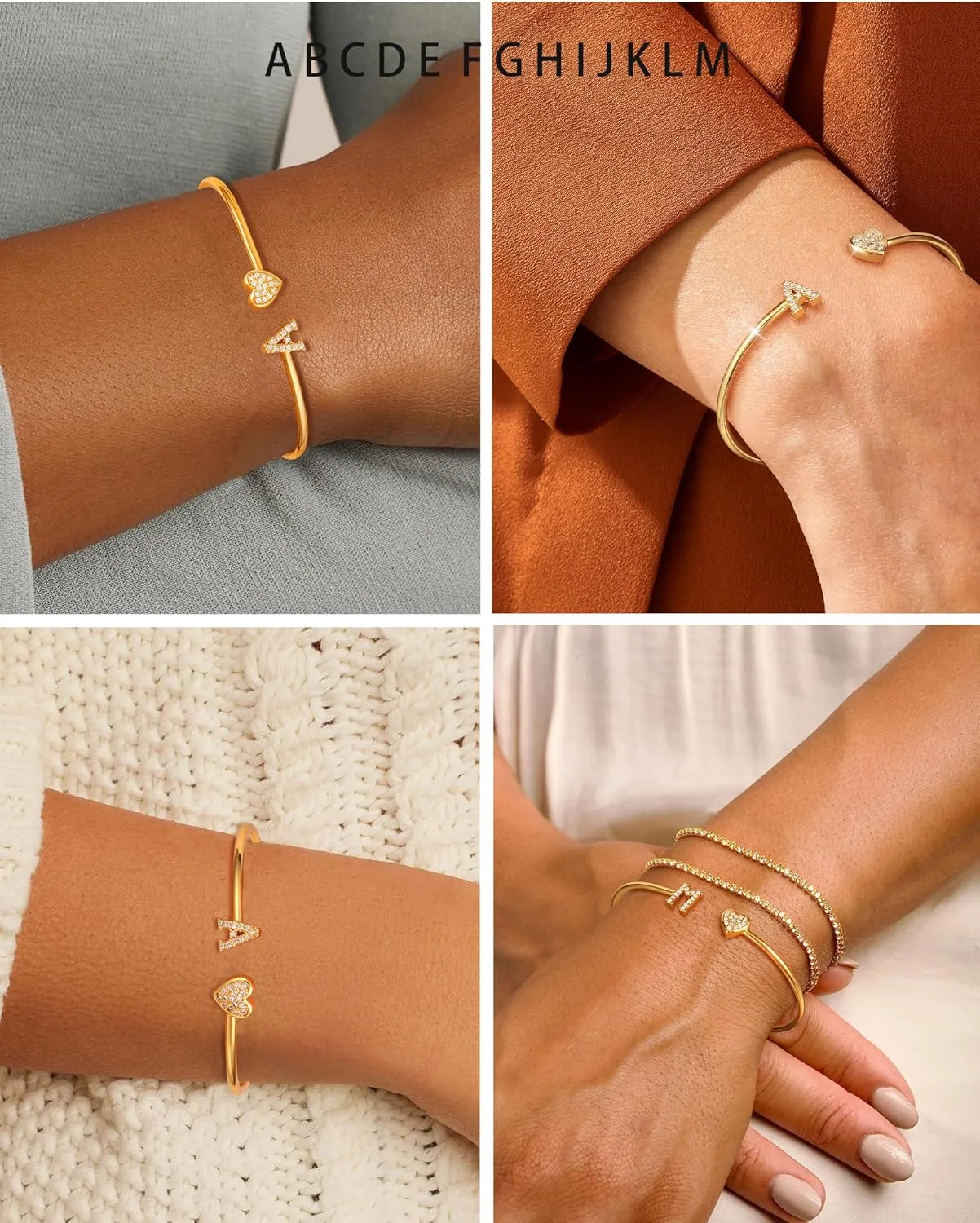 Honsny Gold Initial Bracelets for Women 18K Gold Plated Initial Heart Cuff Bangle Bracelets for Women Non Tarnish Dainty Cute Gold Initial Bracelets for Women Teen Bridesmaid Trendy Gifts Jewelry