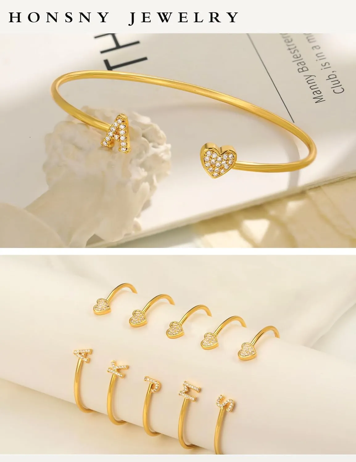 Honsny Gold Initial Bracelets for Women 18K Gold Plated Initial Heart Cuff Bangle Bracelets for Women Non Tarnish Dainty Cute Gold Initial Bracelets for Women Teen Bridesmaid Trendy Gifts Jewelry