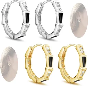 Hoop Earrings Set for Women Teen Girls - 2 Pairs 14k Gold/Silver Plated Earrings Dainty Unique Huggie Earrings Lightweight Black Earrings with CZ Cartilage Earring Jewelry Gifts for Birthday Christmas