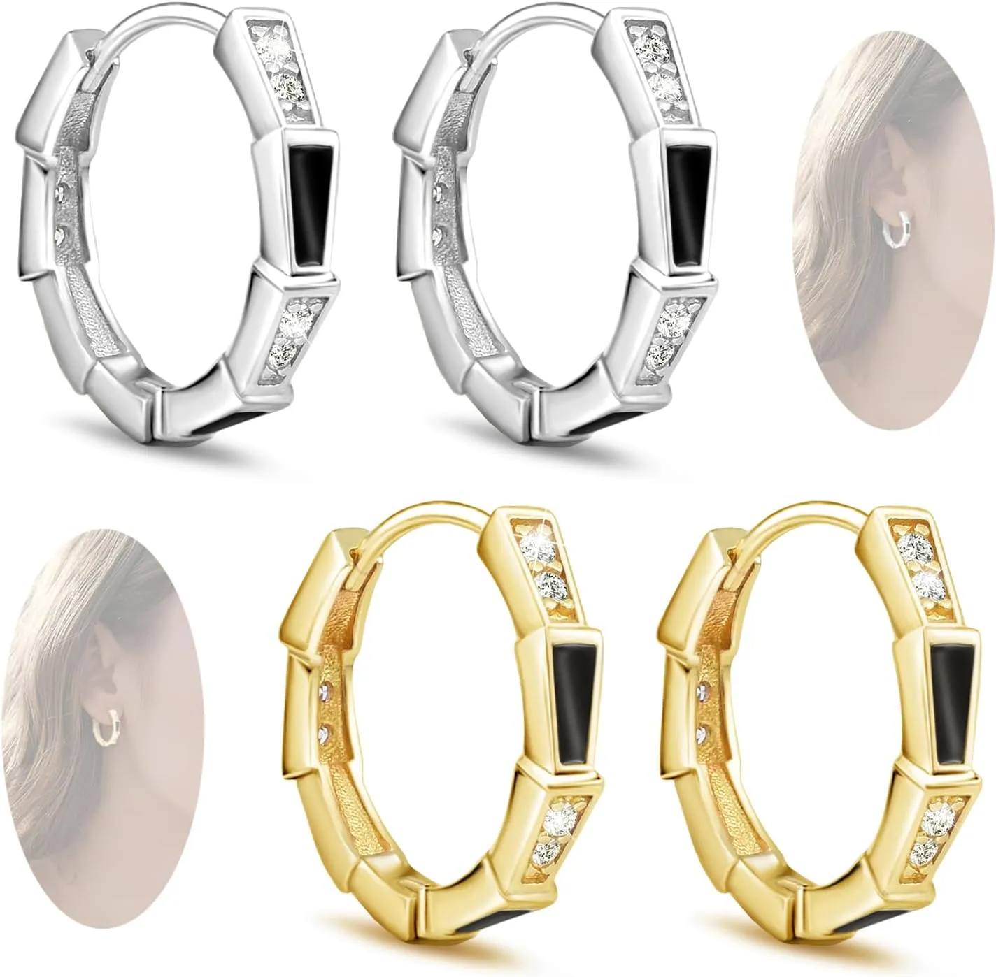 Hoop Earrings Set for Women Teen Girls - 2 Pairs 14k Gold/Silver Plated Earrings Dainty Unique Huggie Earrings Lightweight Black Earrings with CZ Cartilage Earring Jewelry Gifts for Birthday Christmas