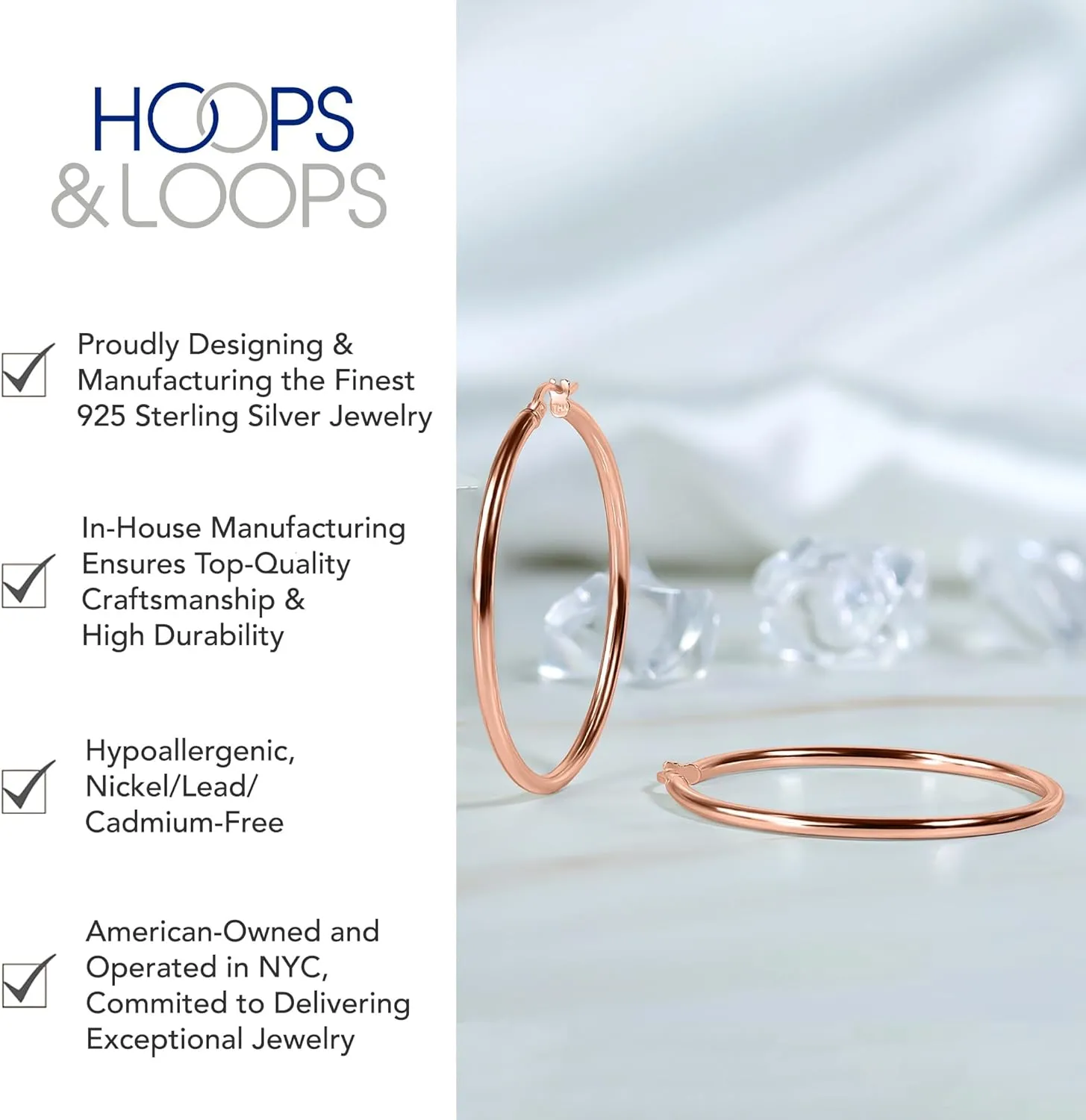 Hoops & Loops 925 Sterling Silver 2mm Hoop Earrings for Women & Men, 14K Gold Plated, Rose Gold, Black Hypoallergenic Lightweight High Polished Click-Top Hoops 15mm-60mm