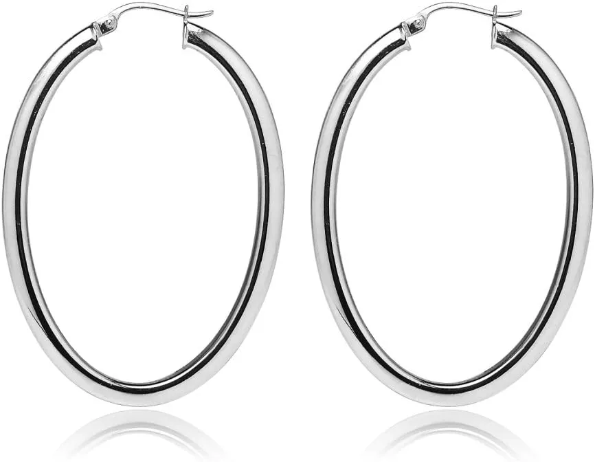 Hoops & Loops 925 Sterling Silver 3mm Oval Square-Tube Click-Top Hoop Earrings, 20mm 25mm 30mm Silver, Yellow & Rose Gold