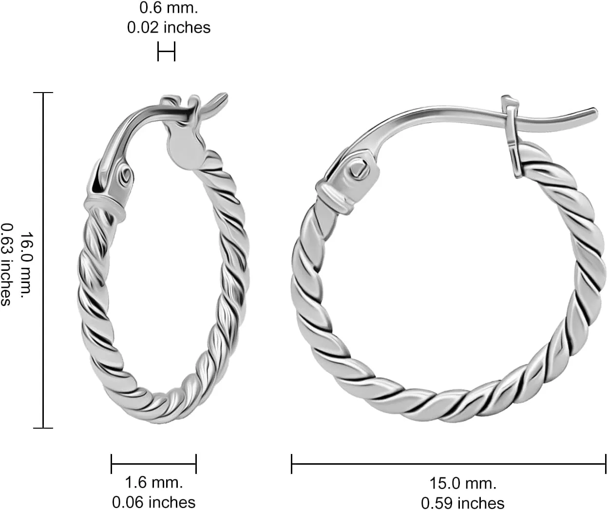 Hoops & Loops 925 Sterling Silver Twist Rope Round Hoop Earrings for Women, 15mm 20mm 25mm 30mm 35mm Silver, Yellow Gold, Rose Gold